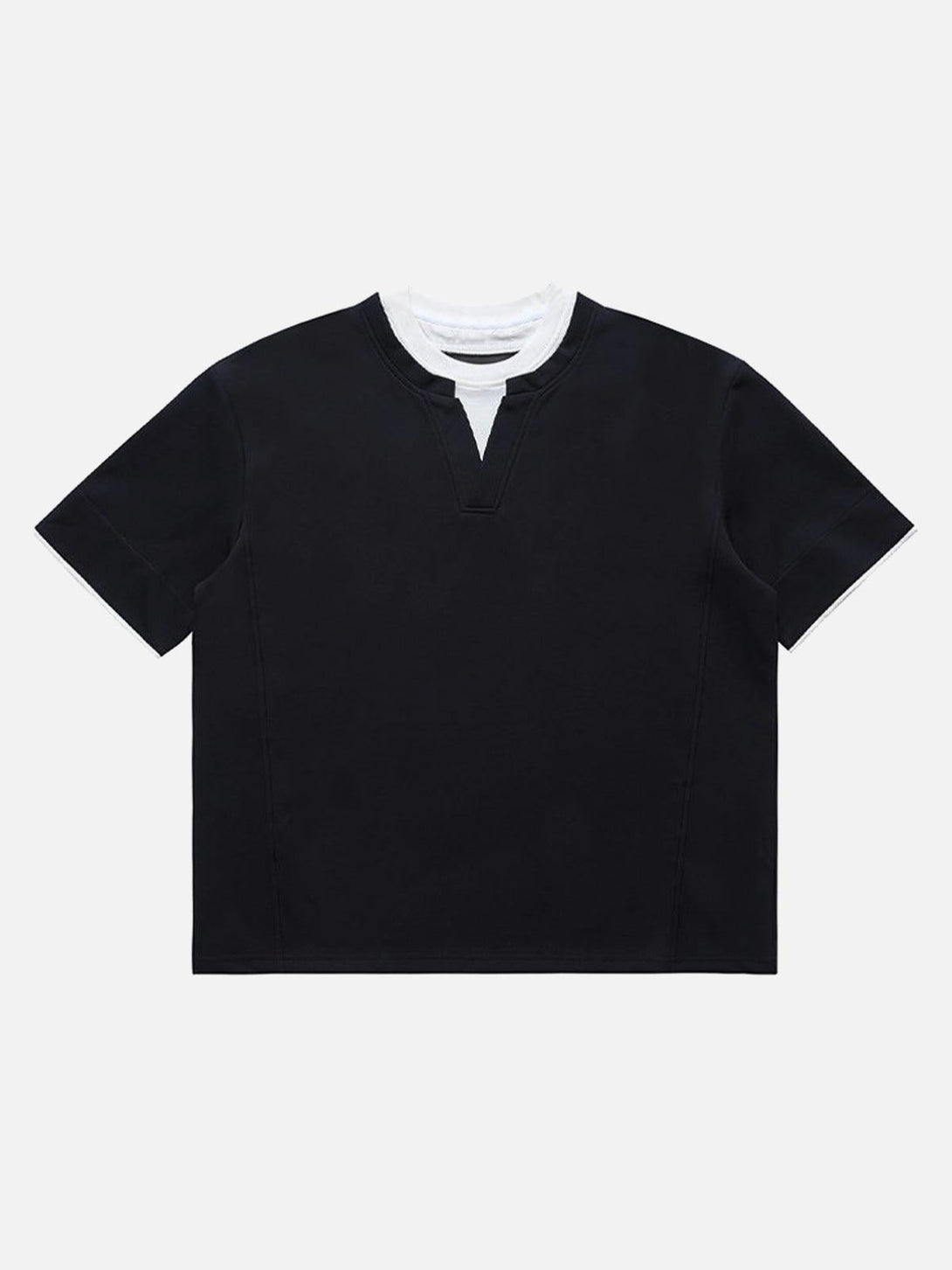 Front view of dark gray TALISHKO oversized t-shirt featuring a faux layered neckline design.