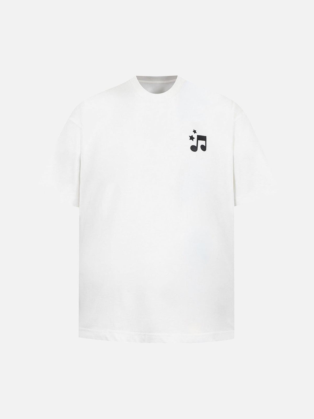 Front view of TALISHKO white T-shirt with a stylish music note graphic, ideal for casual wear.
