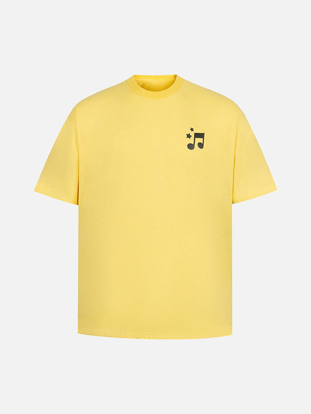Front view of a yellow TALISHKO T-shirt with a music note graphic, perfect for sunny days.
