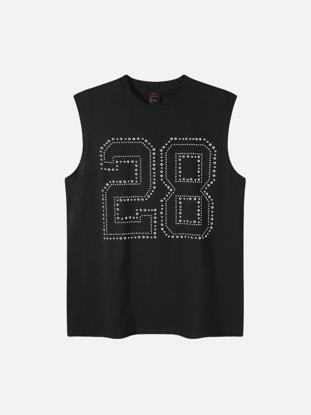 Black sleeveless vest featuring a studded "28" design, front view by TALISHKO.
