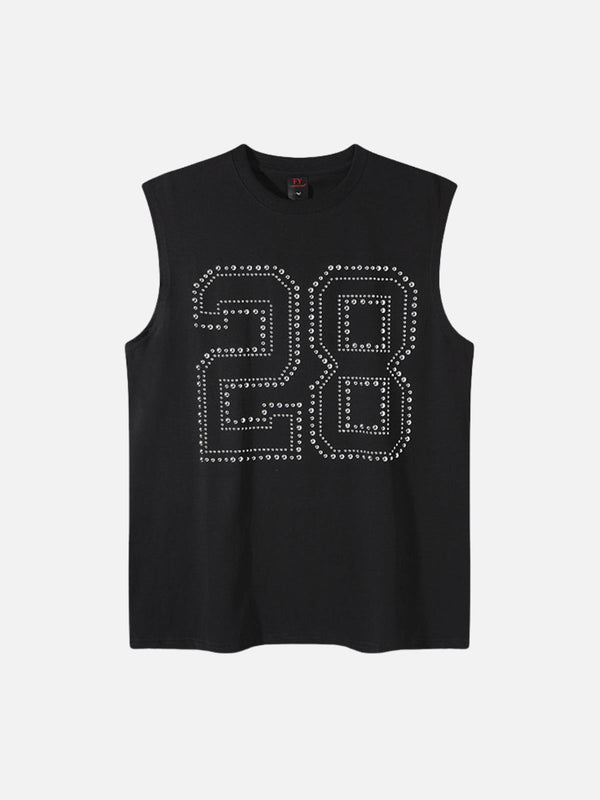 Black sleeveless vest featuring a studded "28" design, front view by TALISHKO.