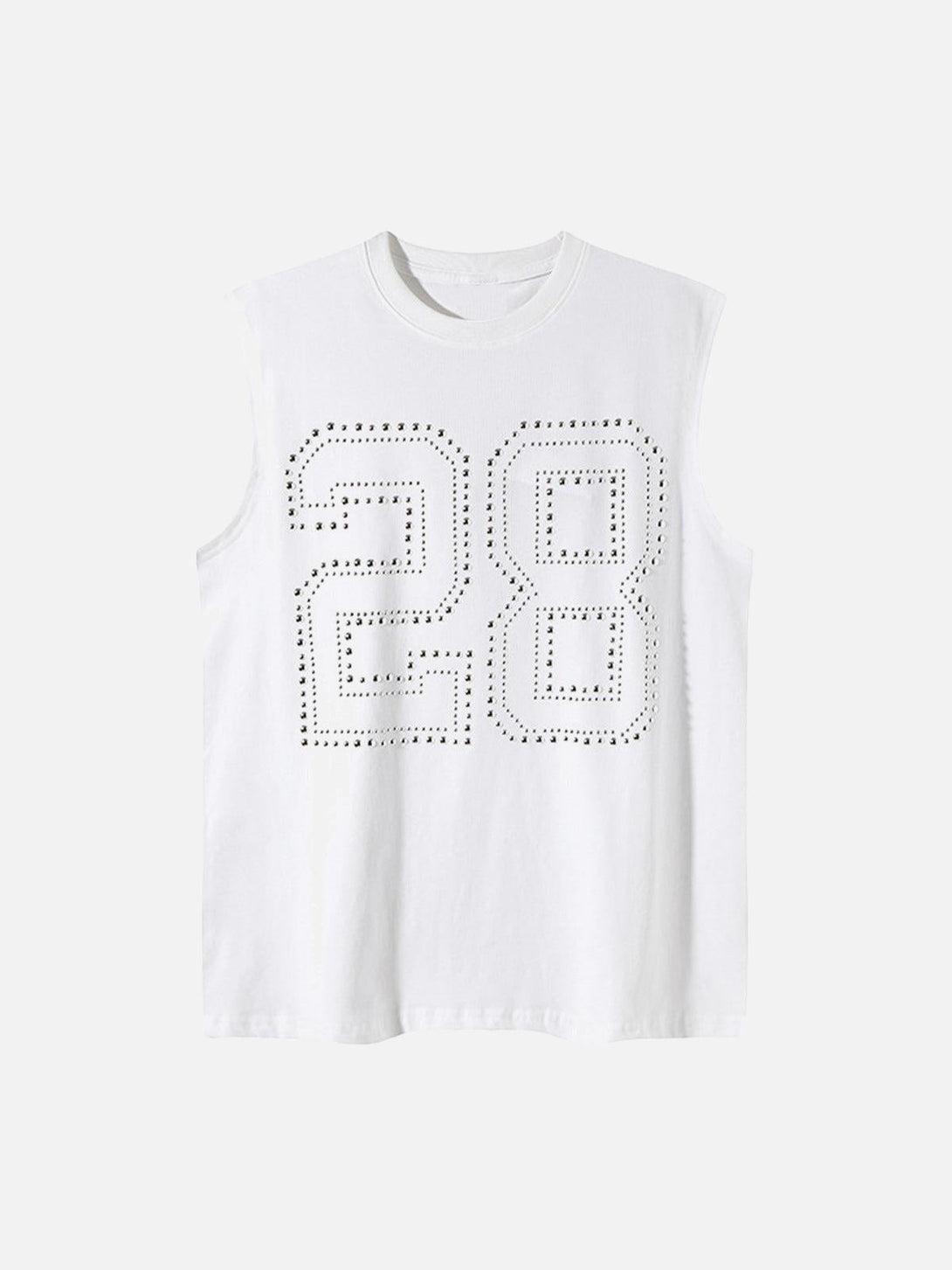 White sleeveless vest with studded "28" design, front view by TALISHKO.