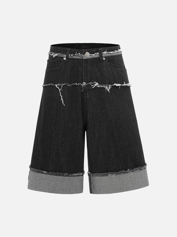 Front view of TALISHKO black denim shorts with raw edges and rolled cuffs, ideal for summer style.