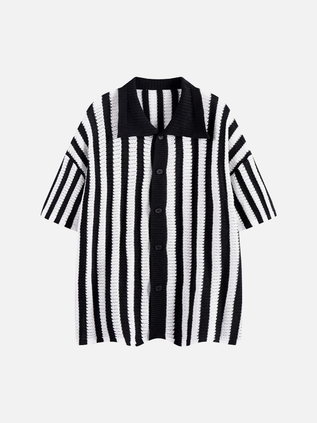 Front view of a black and white striped knit cardigan shirt by TALISHKO, ideal for urban style.