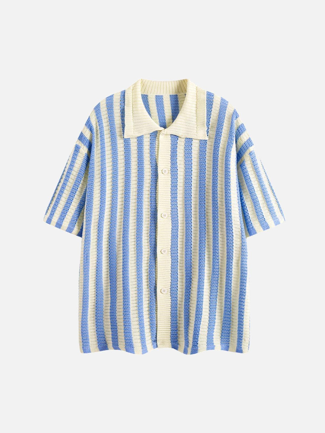Front view of a blue and white striped knit cardigan shirt by TALISHKO, perfect for casual wear.
