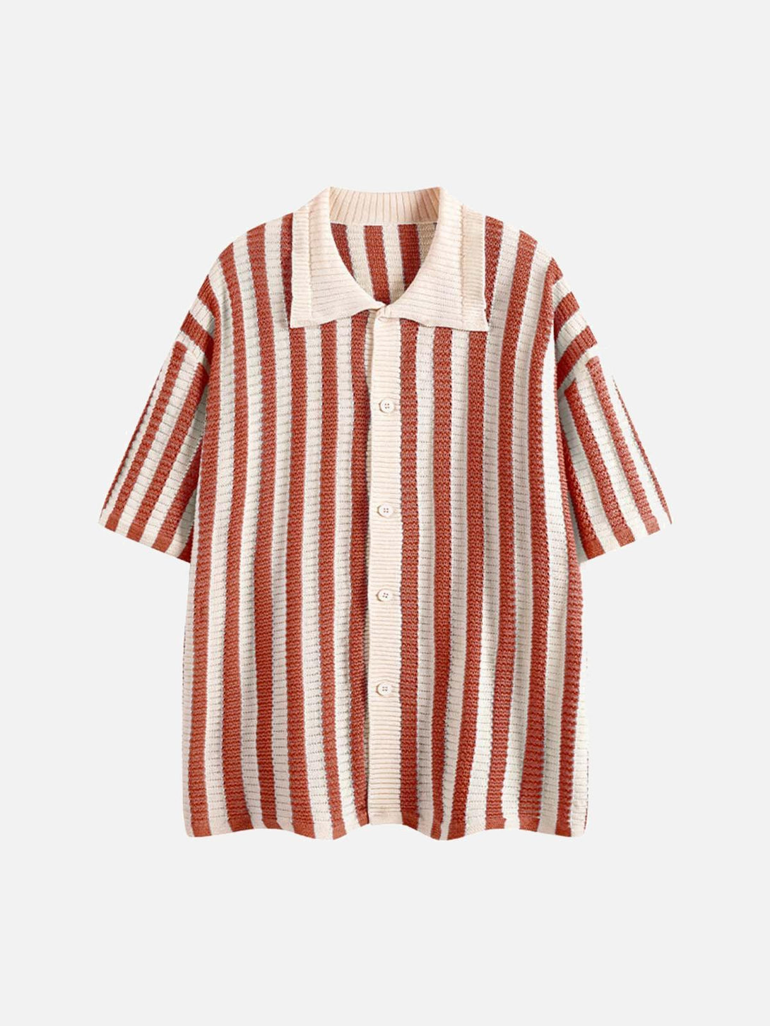 Front view of a red and white striped knit cardigan shirt by TALISHKO, great for trendy outfits.