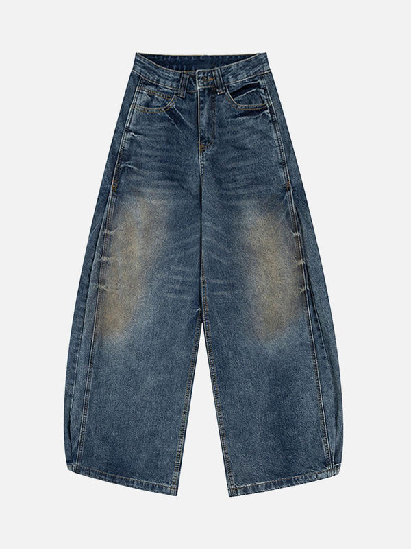 Front view of blue Cleanfit washed barrel jeans by TALISHKO, showcasing a relaxed street style.