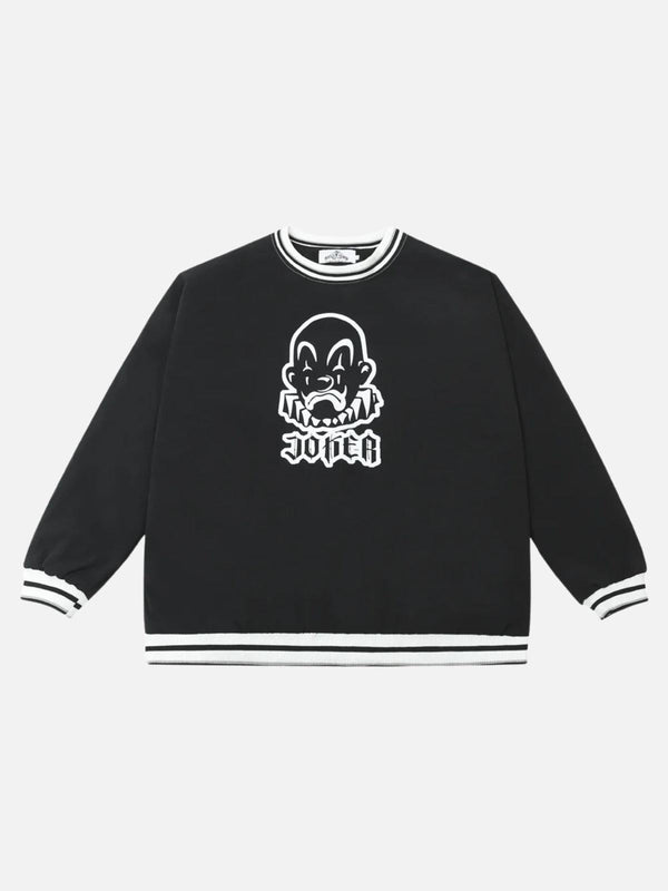 Front view of a black clown print sweatshirt by TALISHKO, featuring bold graphic design.