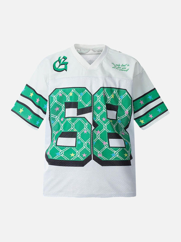Front view of a white Club 68 jersey t-shirt by TALISHKO, featuring vibrant green patterns.
