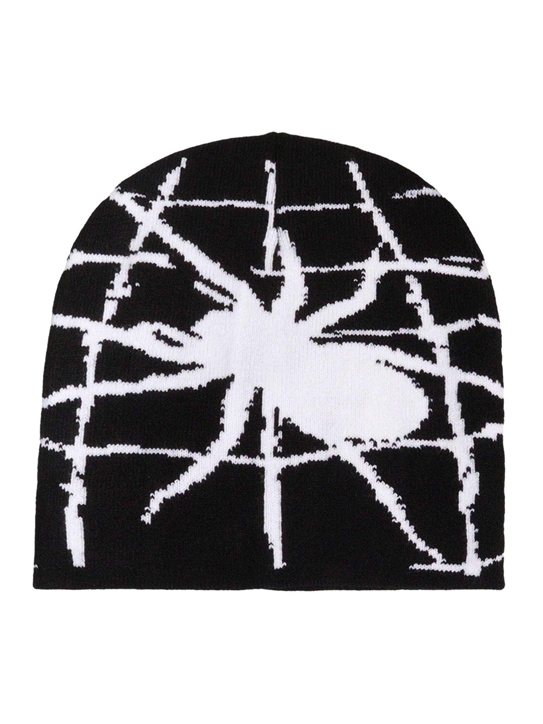 TALISHKO's black knitted hat features a bold white cobweb design, perfect for urban style.