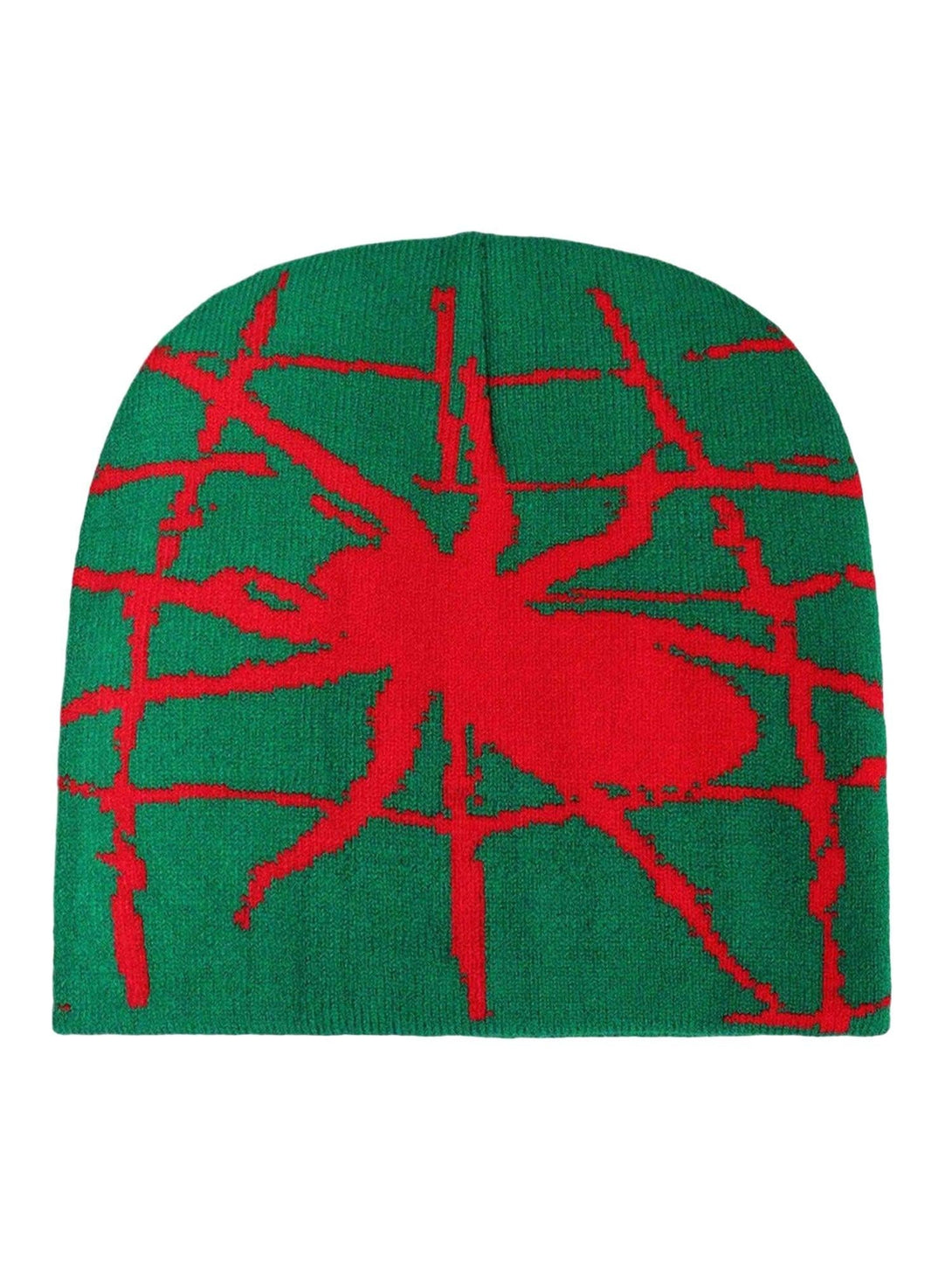 A bold green cobweb knitted hat by TALISHKO, featuring a striking red spider design.