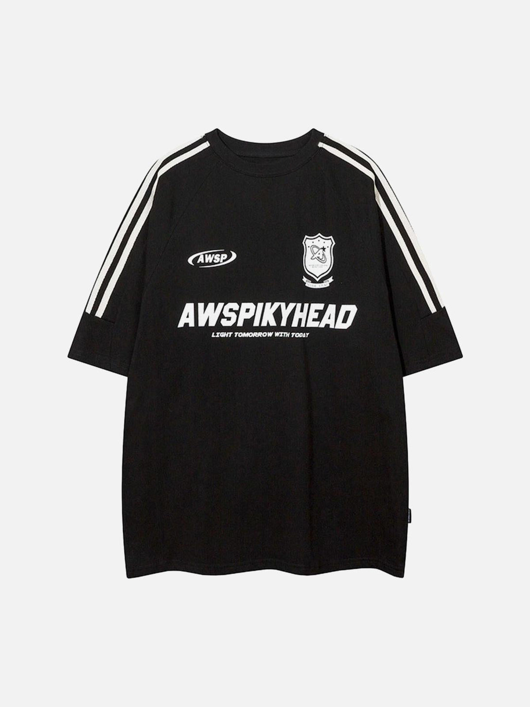 Front view of black TALISHKO heavyweight T-shirt with college-style graphics and bold stripes.