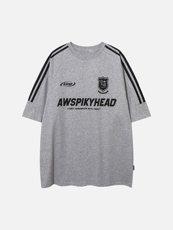 Front view of gray TALISHKO heavyweight T-shirt, featuring college style and bold graphics.