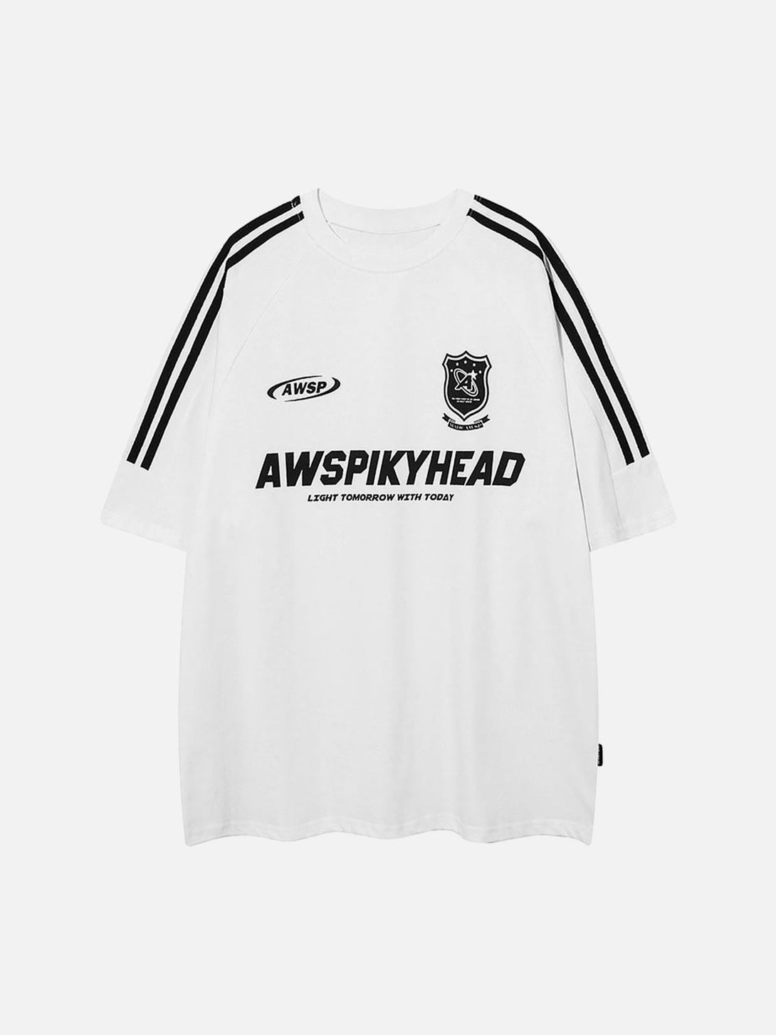 Front view of white TALISHKO heavyweight T-shirt with college-inspired graphics and stripes.