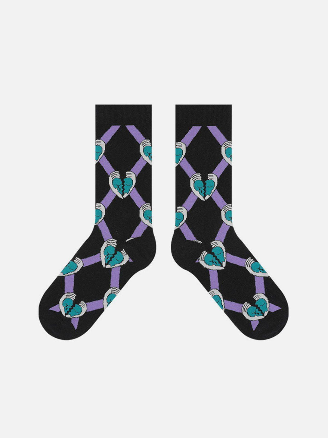 Front view of black TALISHKO socks with heart and geometric patterns in purple and teal.