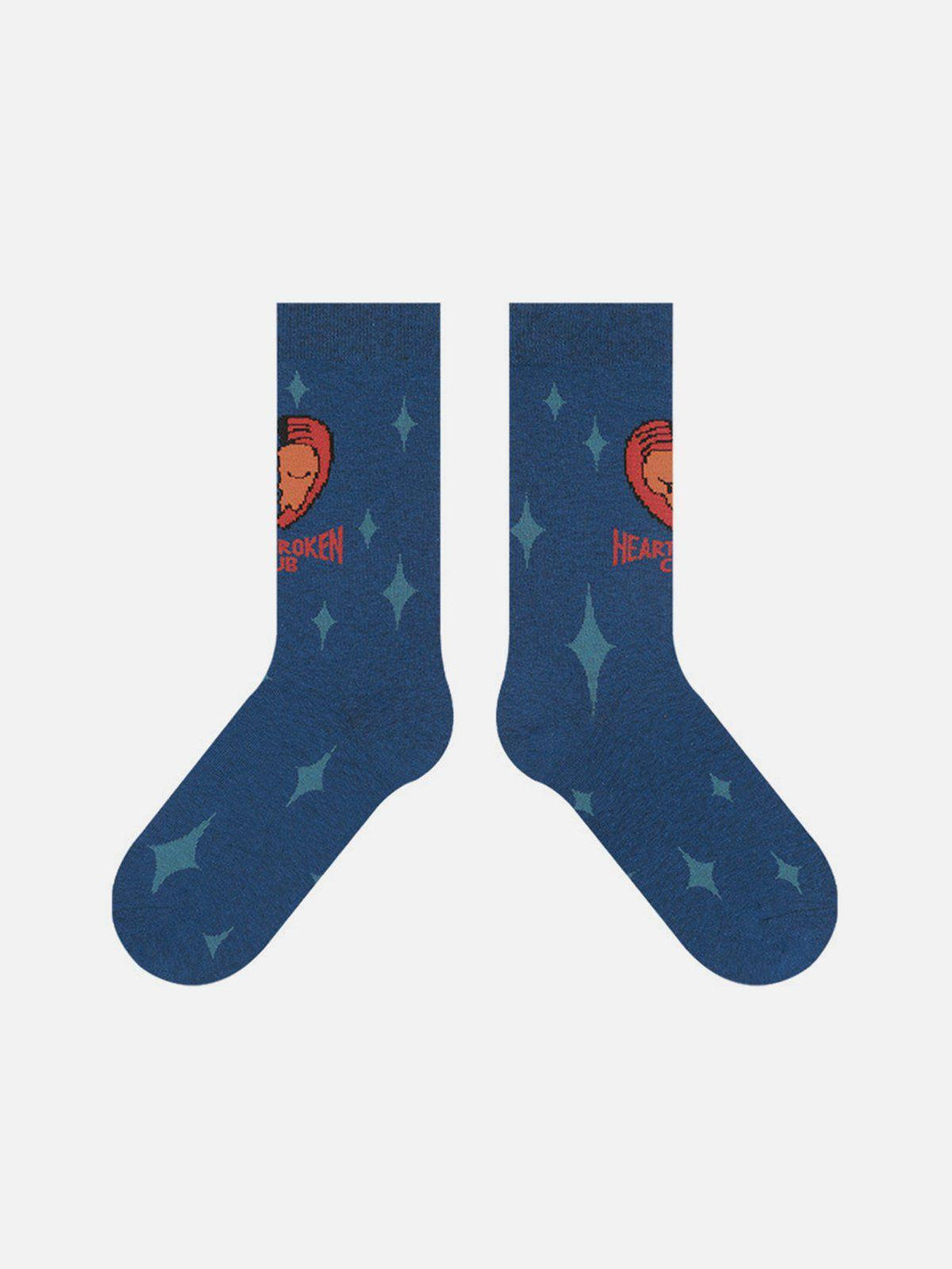 Dark blue socks by TALISHKO with playful heart motifs and star patterns, ideal for vibrant style.