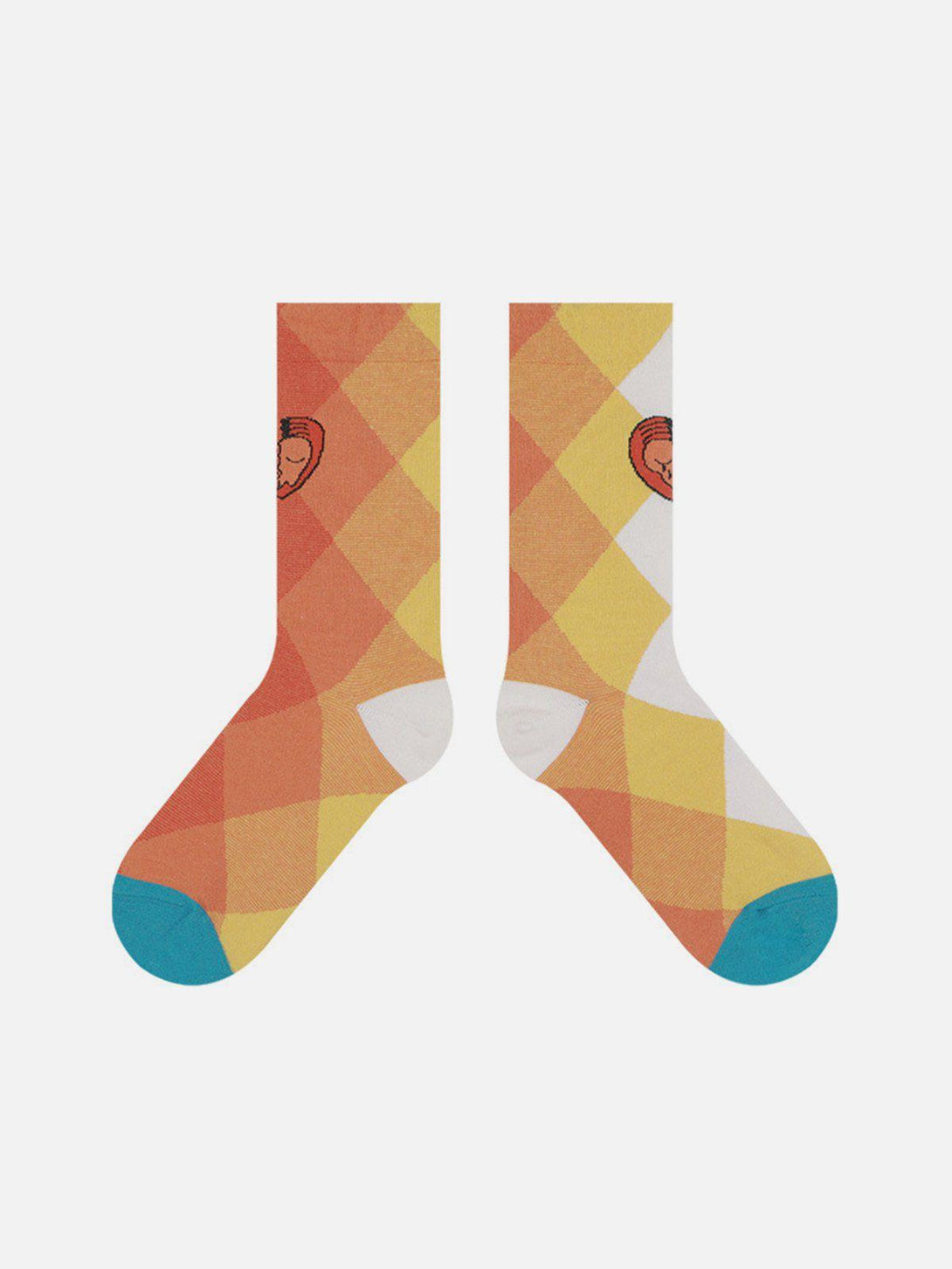 Front view of TALISHKO's vibrant orange gradient socks with playful geometric patterns.