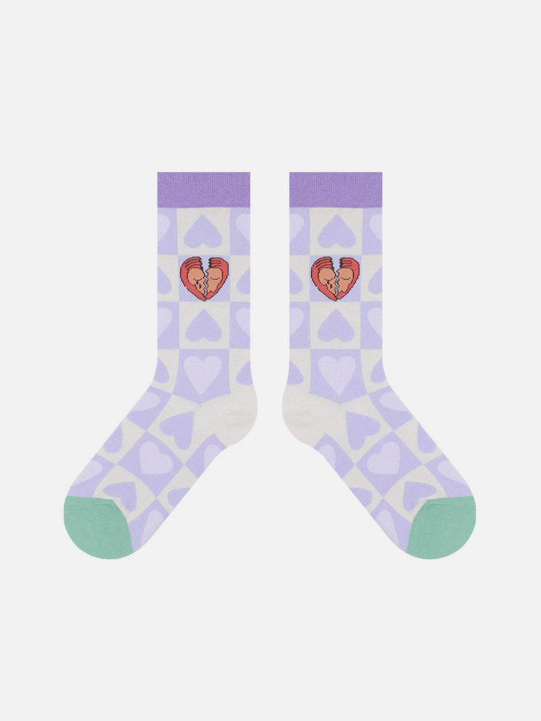 Front view of TALISHKO socks in purple with heart and geometric patterns for a playful touch.