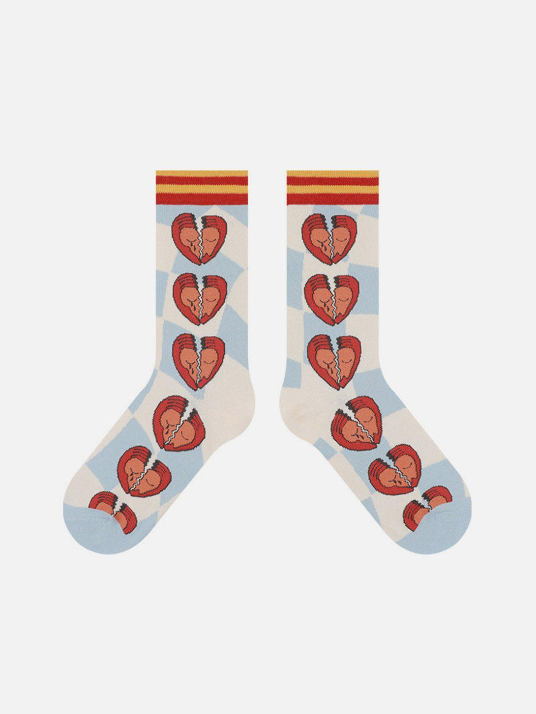 Front view of TALISHKO socks showcasing red heart motifs on a blue and white geometric pattern.