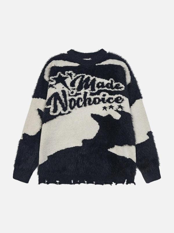 Front view of TALISHKO black color block jacquard sweater with bold letter design.