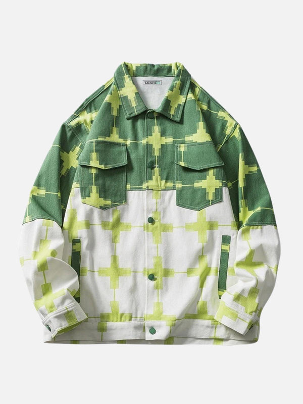 Front view of a green color block patchwork denim jacket by TALISHKO, perfect for casual style.