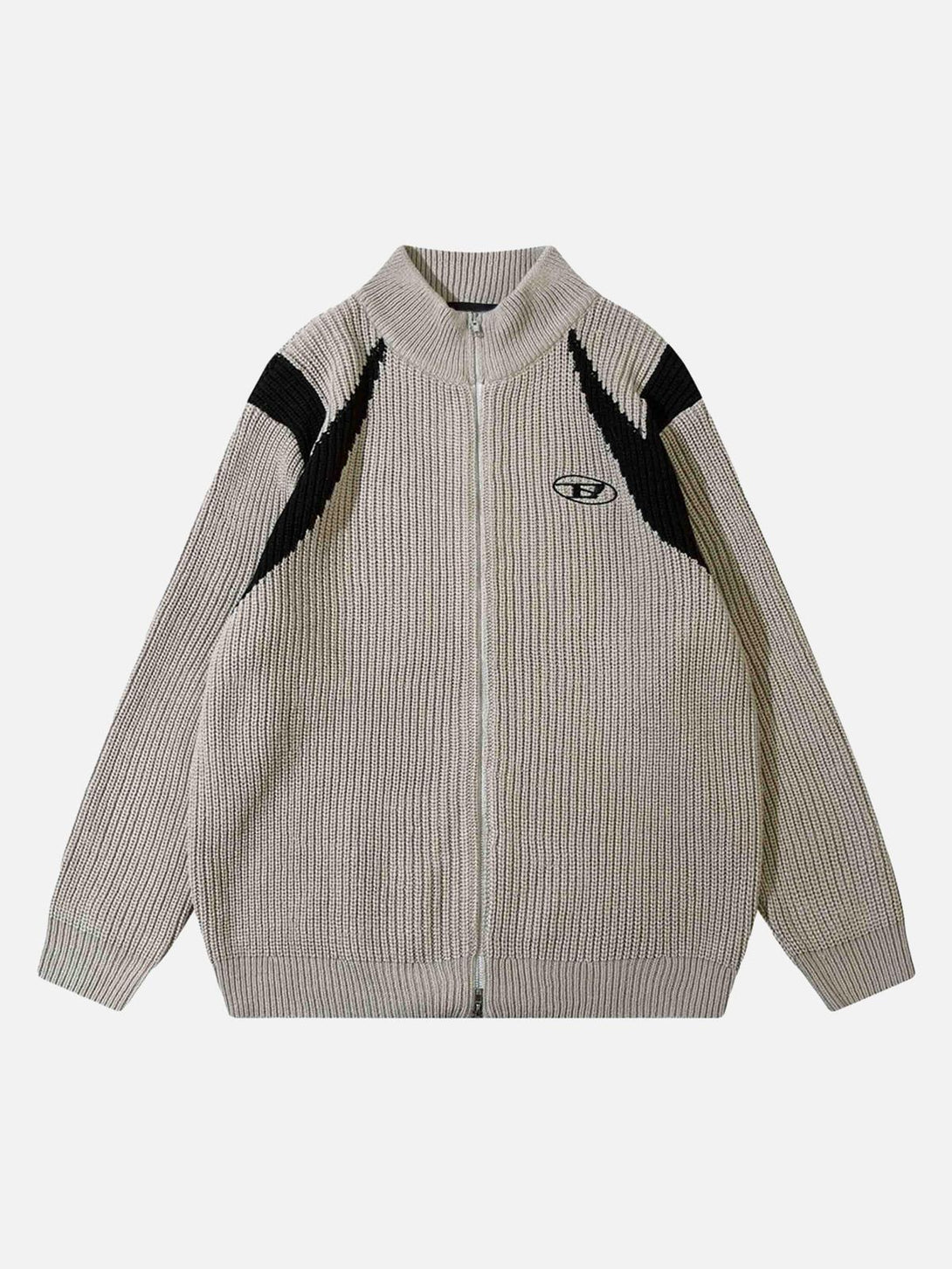 Front view of a light gray color block zipper sweater jacket by TALISHKO, featuring a relaxed fit.