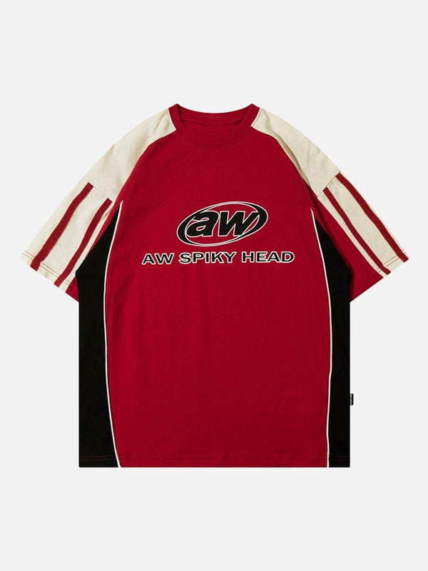 Front view of a red color-blocked racing T-shirt by TALISHKO, featuring bold stripe details.