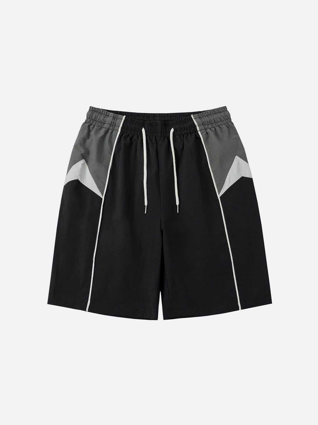 Front view of black color-blocking athleisure shorts by TALISHKO featuring a drawstring waist.