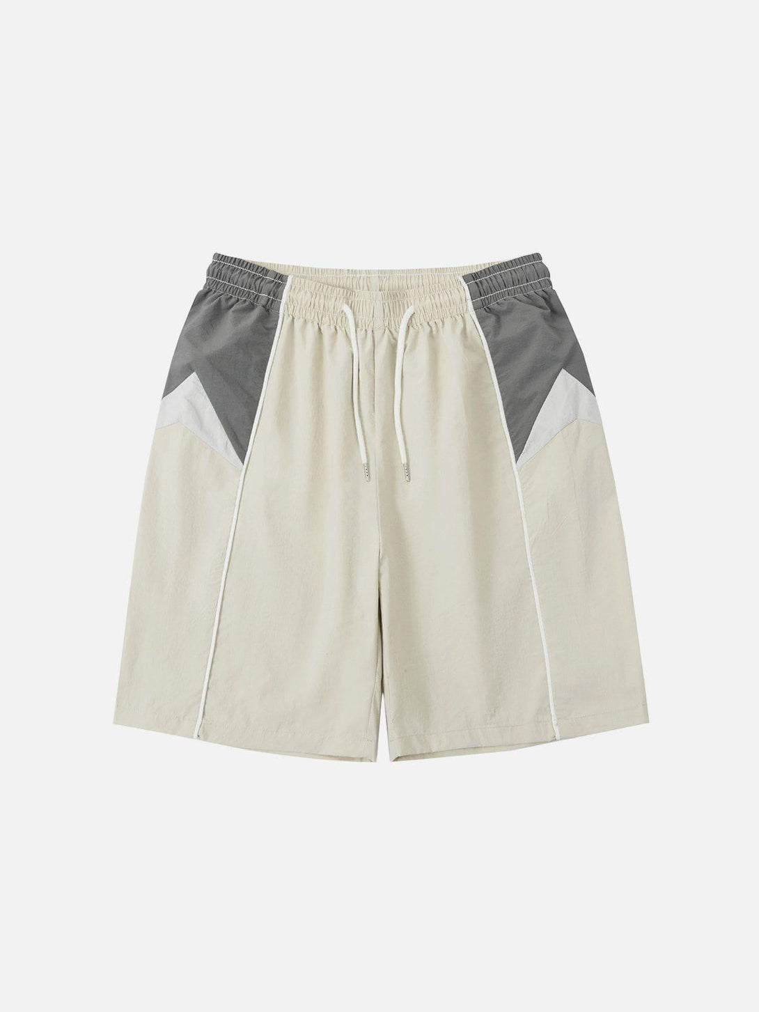 Front view of khaki color-blocking athleisure shorts by TALISHKO with elastic waistband.