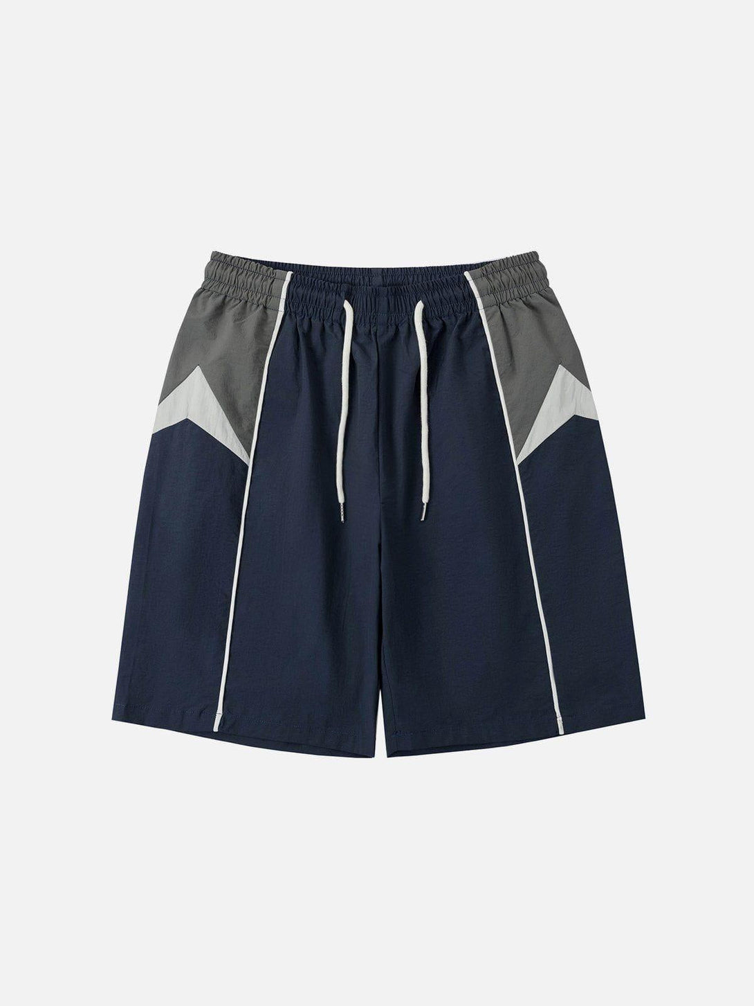 Front view of navy blue color-blocking athleisure shorts by TALISHKO with drawstring waist.