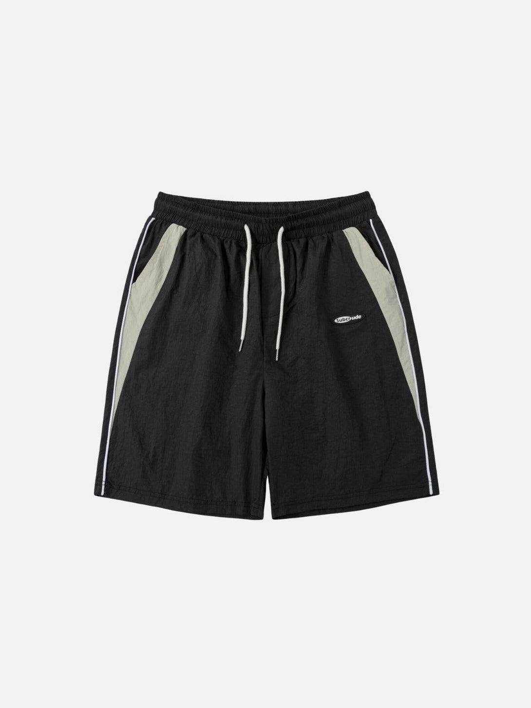 Front view of black color blocking shorts by TALISHKO, featuring white drawstrings and accents.