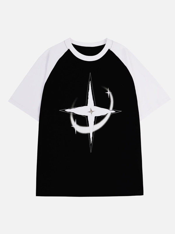 Front view of a black color-blocking star tee by TALISHKO, perfect for casual style.