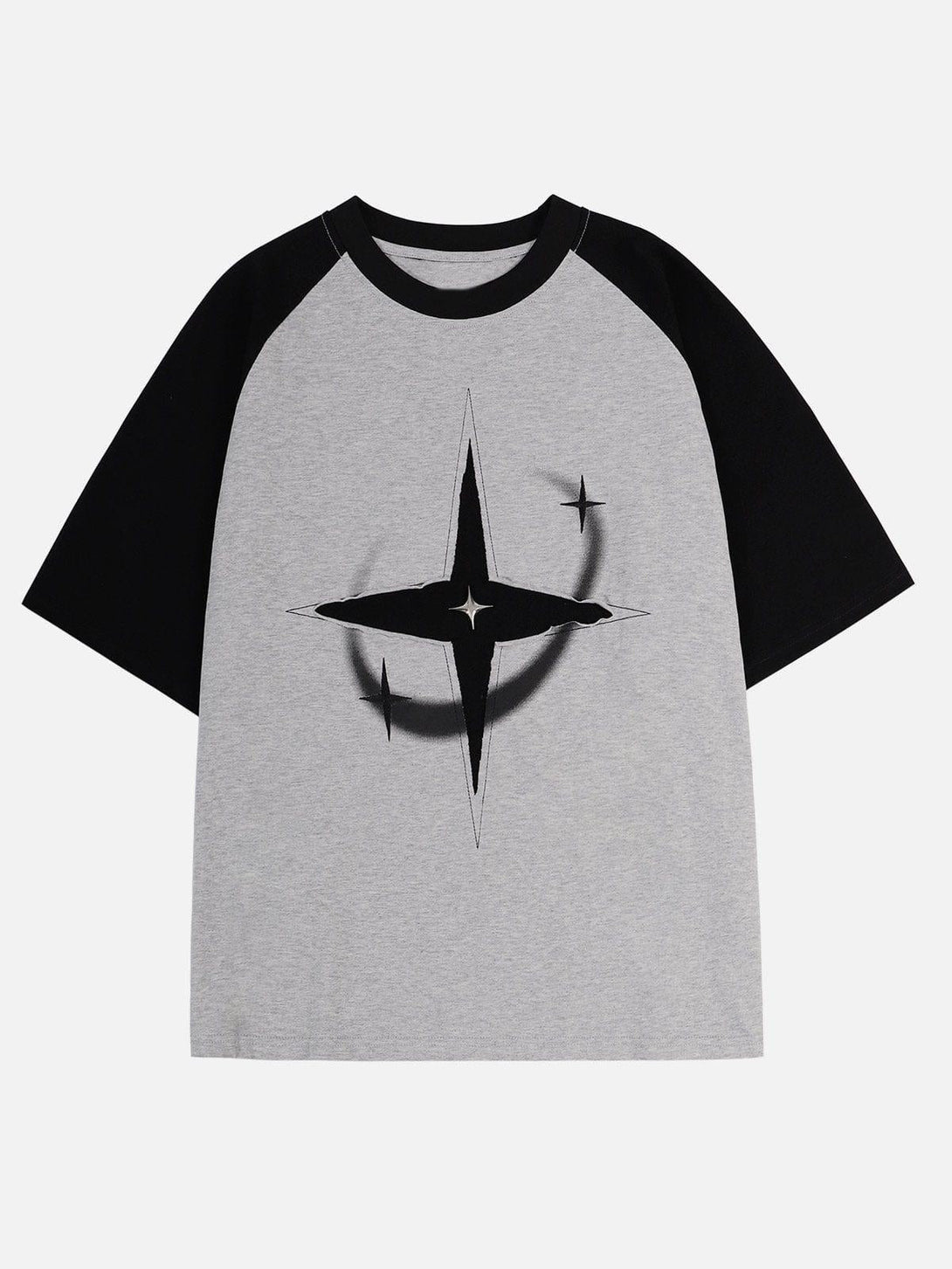 Front view of TALISHKO's gray star tee featuring a bold design and black color-block sleeves.