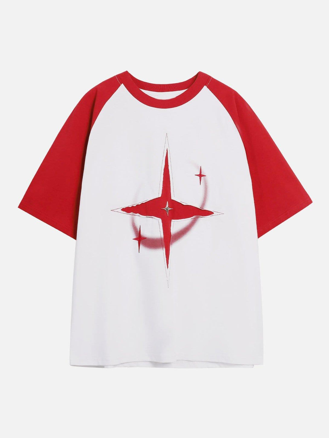 Front view of TALISHKO's white tee with red color-block sleeves and a striking star design.