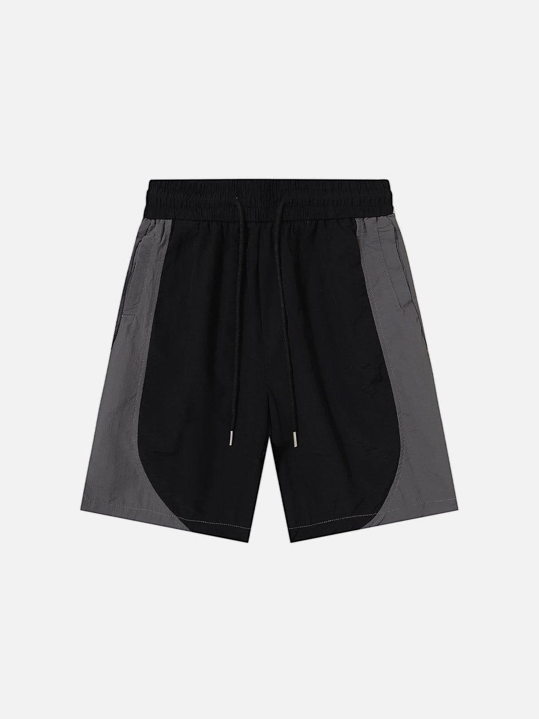 Front view of TALISHKO color-blocking shorts in black and gray, featuring a stylish drawstring.
