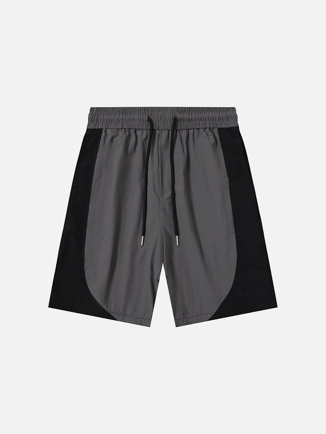 Front view of TALISHKO gray color-blocking drawstring shorts, ideal for casual summer wear.