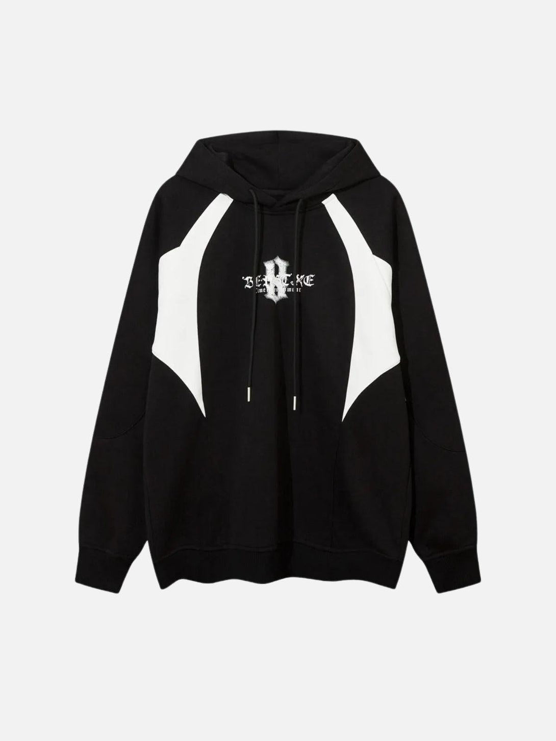 Front view of a black color-blocking hoodie featuring gothic lettering, designed by TALISHKO.