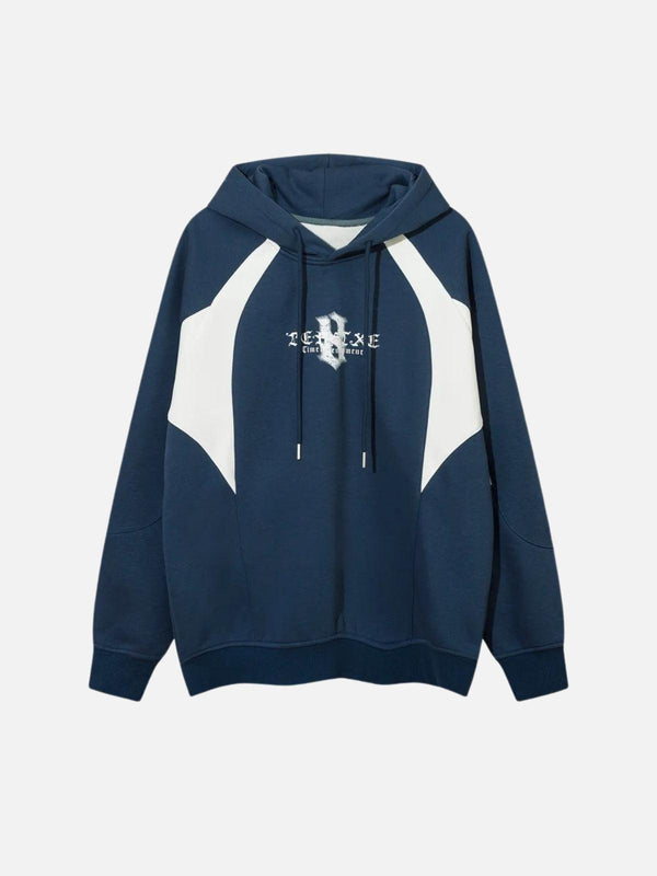 Front view of a blue color-blocking hoodie with gothic lettering by TALISHKO, perfect for casual wear.