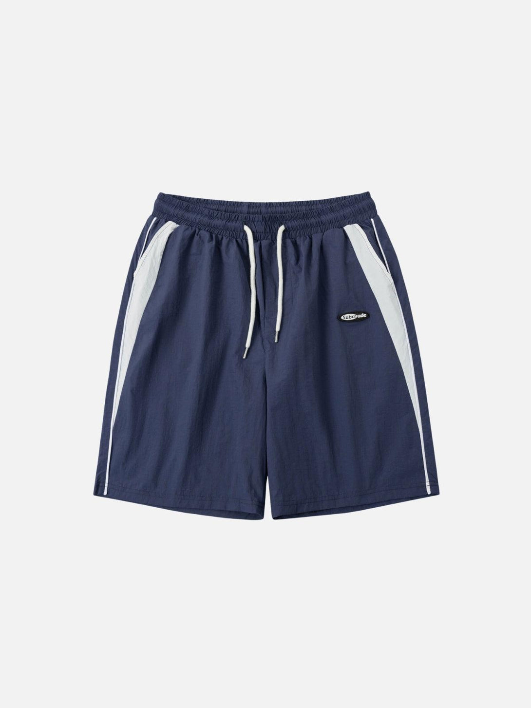 Navy blue color blocking shorts by TALISHKO, front view with white accent stripes.