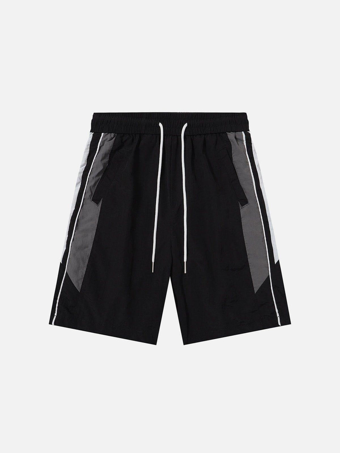 Front view of TALISHKO black color-blocking patchwork shorts with stylish drawstrings.