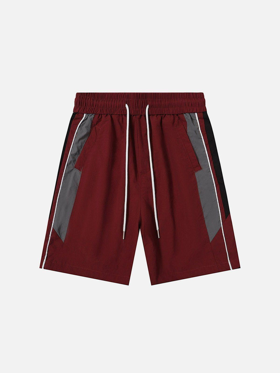 Front view of TALISHKO red color-blocking patchwork shorts with drawstring detail.