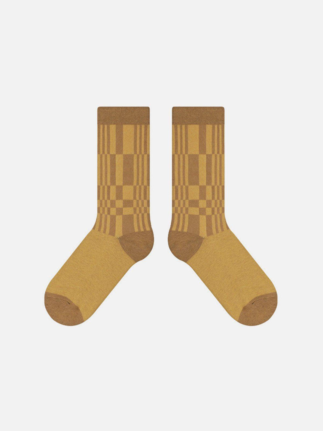 Front view of TALISHKO coffee plaid mid-calf socks, adding a stylish touch to your outfit.