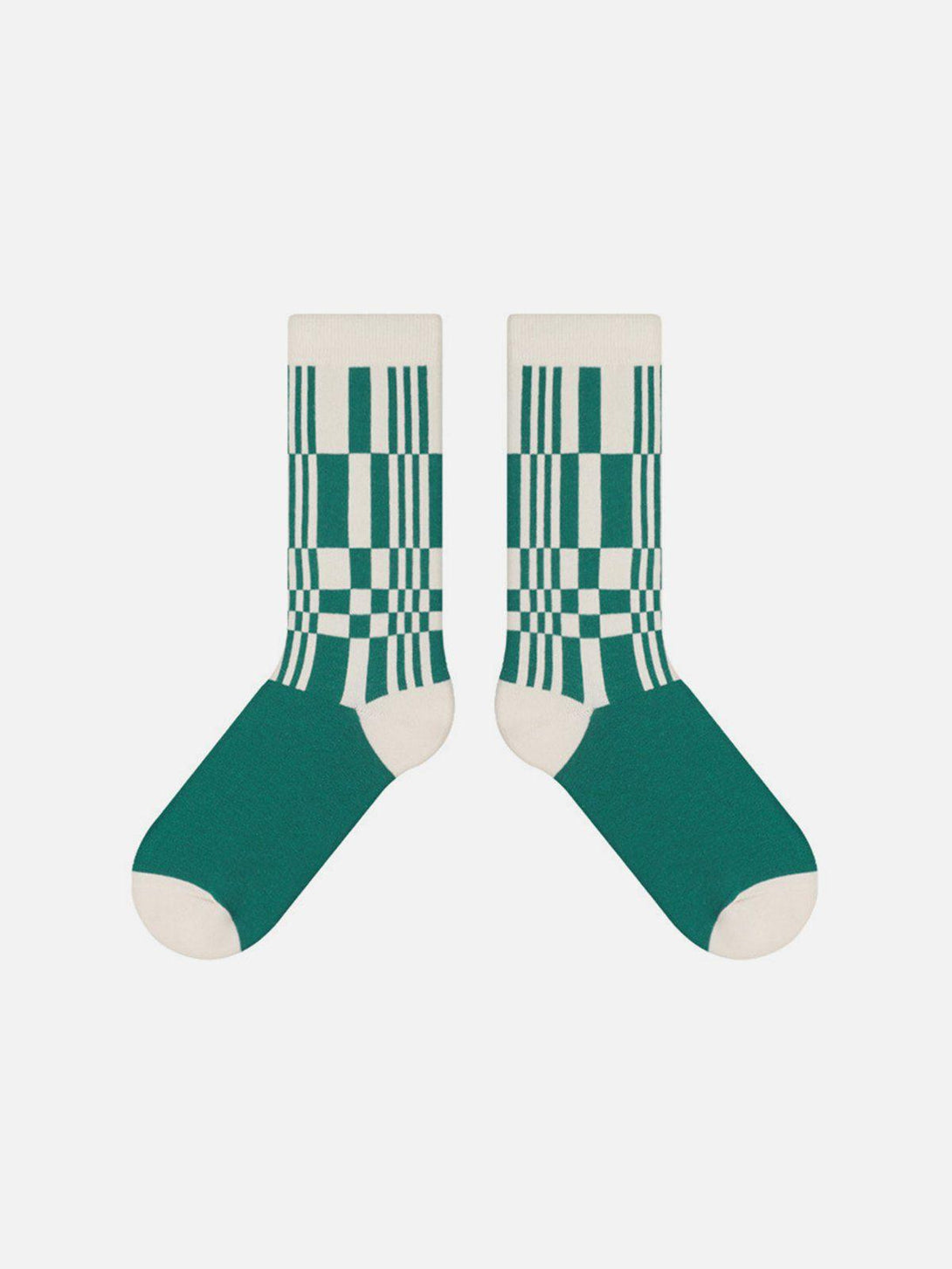 Front view of TALISHKO green and cream plaid mid-calf socks, ideal for vibrant street style.
