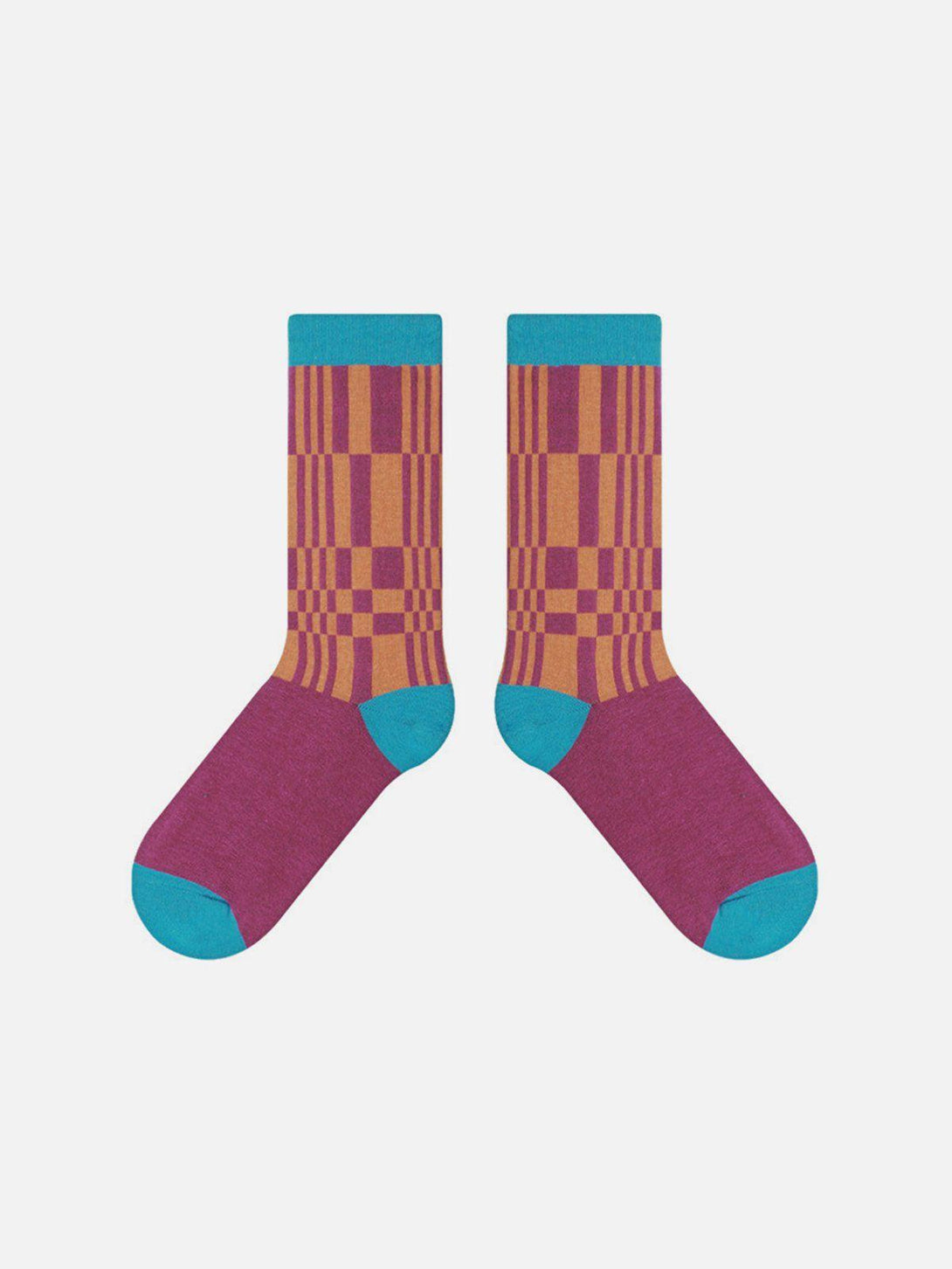 Front view of TALISHKO orange plaid mid-calf socks with teal accents, ideal for vibrant style.