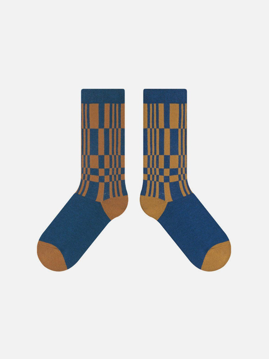 Front view of TALISHKO yellow and blue plaid mid-calf socks, perfect for bold street style.