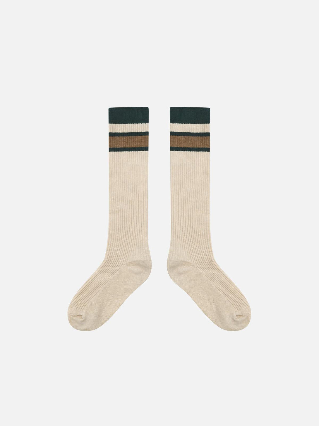Front view of beige color blocking stripe socks by TALISHKO, perfect for casual street style.
