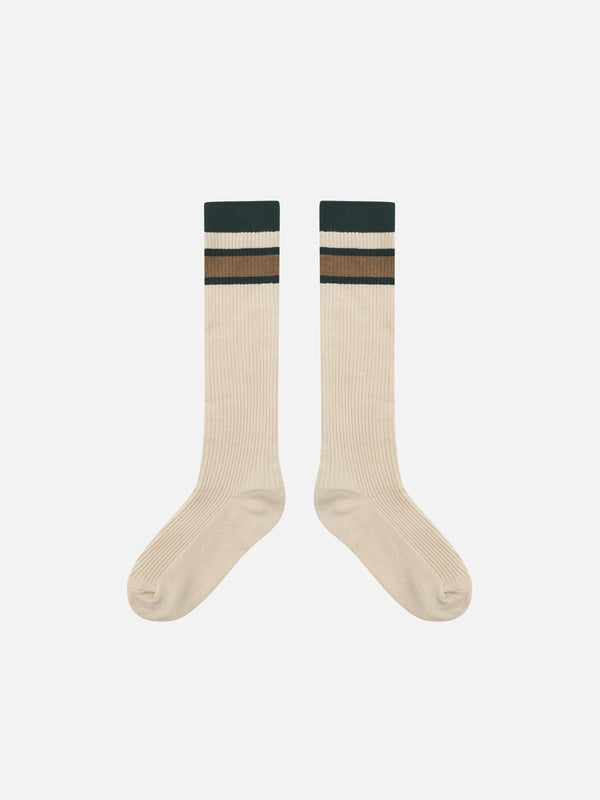 Front view of beige color blocking stripe socks by TALISHKO, perfect for casual street style.