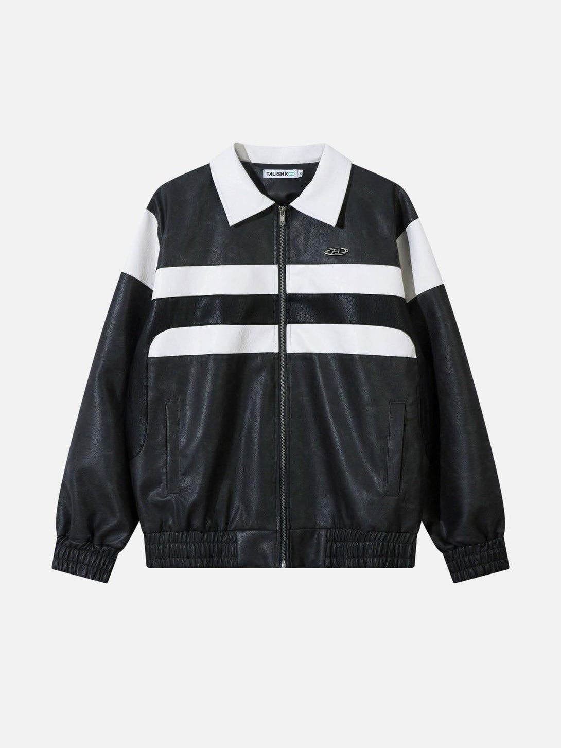 Front view of a black and white color-blocked faux leather jacket by TALISHKO.