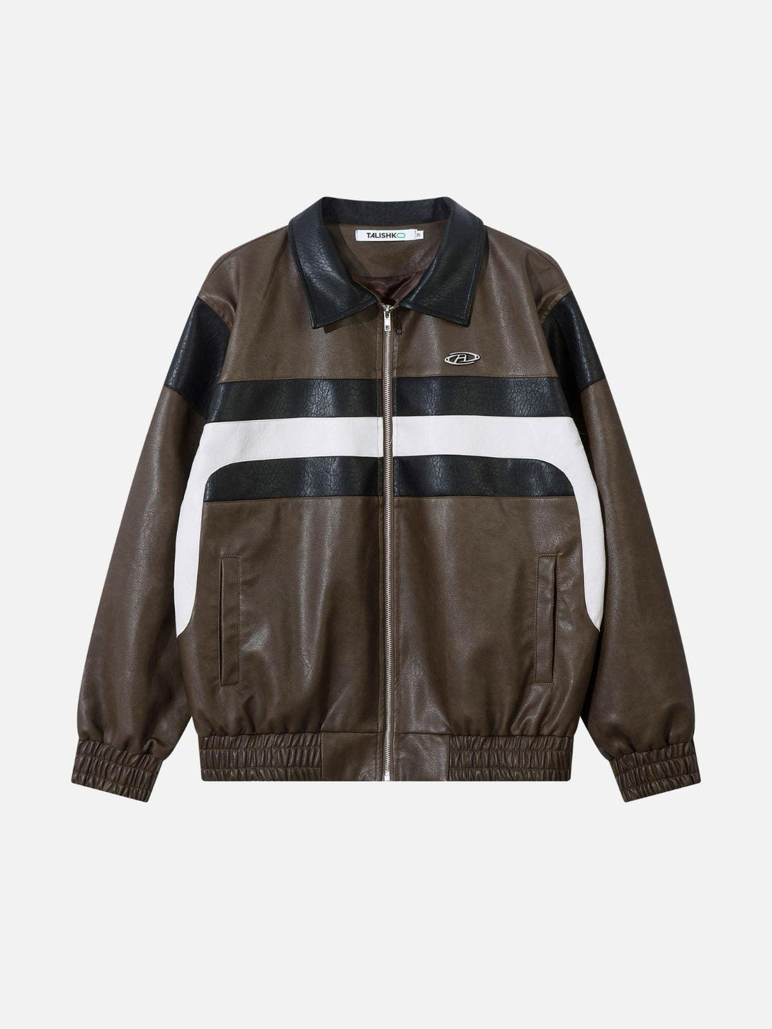 Front view of a coffee faux leather jacket with color blocking by TALISHKO.