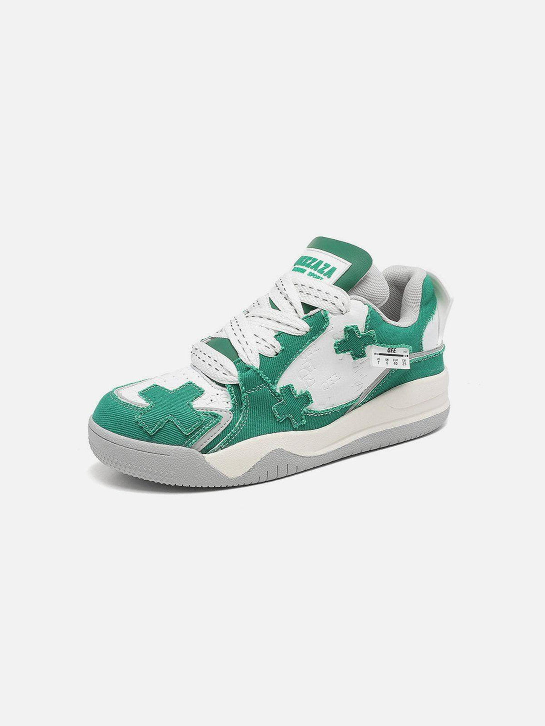 Front view of green TALISHKO skate shoes featuring bold cross detailing for a trendy urban look.